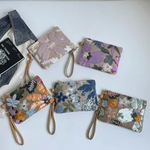 Donna vintage fiori paillettes ricamo pochette da polso borsa a mano tela cerniera lampo