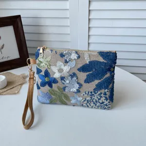 Pochette Ricamata con Paillettes in Lino Stile Neo Cinese da Donna Borsa a Mano Floreale Vintage Con Cinturino da Polso Cerniera Festa