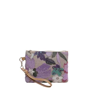 Pochette da polso in tela ricamata con fiori da donna, elegante borsa con cerniera e cinturino.