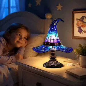 Stained glass witch hat table lamp for Halloween decor, cozy bedside light with retro metal base.
