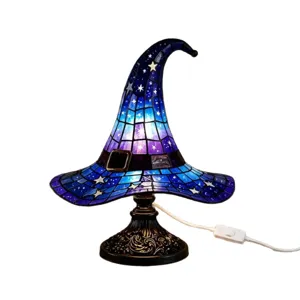 Stained glass witch hat table lamp, starry night design, unique home decor lighting for Halloween.