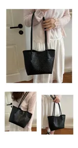 Black woven leather tote bag large capacity fashion casual minimalist single shoulder underarm bag