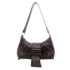 Donkerbruine lakleren klinknagel schoudertas retro wasteland stijl hobo handtas voor dames