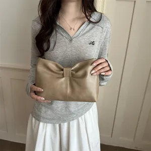 Minimalist French style bow clutch bag, versatile elegant textural high-end casual small bag.