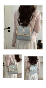 Detailed view of the sweet polka dot backpack featuring cute rabbit embroidery and delicate lace.