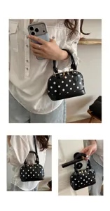 Chic black and white polka dot dome handbag, stylish PU leather top handle shoulder bag.