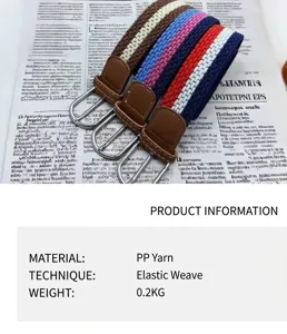 Close-up of elastic woven belts with leather details and specifications listed