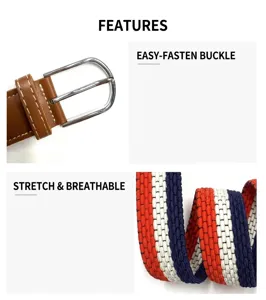 Close-up detail view of a striped elastic woven belt featuring a silver metal pin buckle