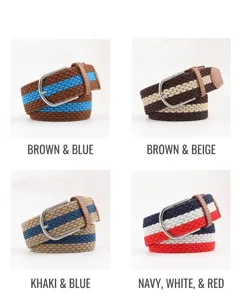 Macro view of four colorful braided elastic belts with silver pin buckles and leather tips