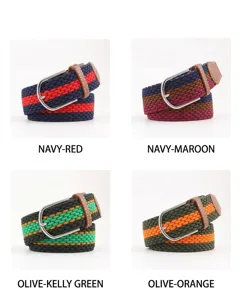 Detailed view of four colored vertical woven elastic belts with silver pin buckles