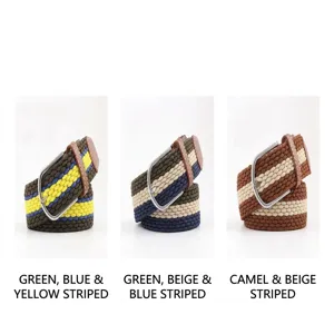 Detailed view of three striped stretch woven belts with classic metal pin buckles