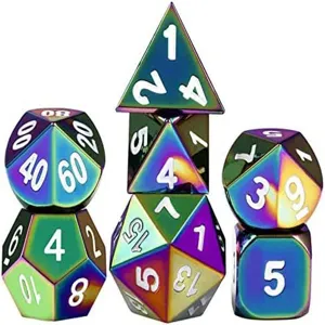 Détail macro d'un jeu de dés polyédriques en métal irisé avec chiffres blancs pour DND