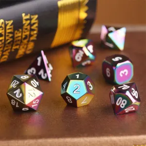 Coffret détaillé de dés polyédriques métalliques irisés pour jeux de rôle de table