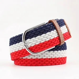 Adjustable woven elastic belt with tricolor stripes and silver pin buckle for jeans