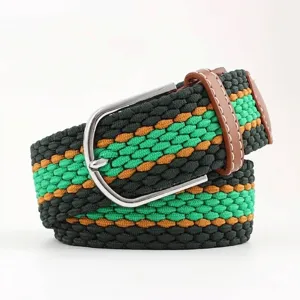 Casual multi-color braided elastic belt with silver pin buckle for men and women