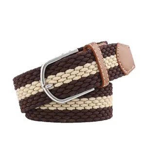 Casual brown and cream striped woven elastic belt with a silver metal pin buckle