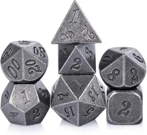 Jeu de dés polyédriques en métal argent vintage pour les jeux DND et TRPG.