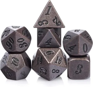 Vue détaillée d'un jeu de dés polyédriques en métal bronze antique pour jeux DND