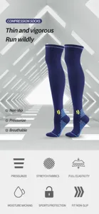 Calze a compressione sopra il ginocchio blu scuro con presa antiscivolo per sport e corsa.