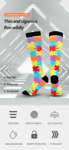 Colorful puzzle pattern compression socks detail view showing non-slip breathable fabric.