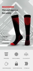 Calze a compressione professionali per sport e corsa, traspiranti in nero rosso.