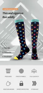 Calze a compressione sportiva con pois colorati, design traspirante e antiscivolo ideale.