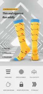 Compression socks for running sports, yellow long socks with heart electrocardiogram pattern.