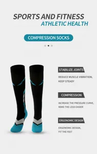 Detail view of black athletic compression socks with blue accents for running and fitness support.