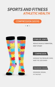 Detail of colorful puzzle compression socks showcasing supportive features and stability.