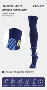 Dettagli calze sportive a compressione blu con struttura a nido d'ape e icone per corsa.