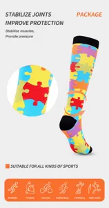 Colorful puzzle print compression socks for sports, running and fitness joint protection.