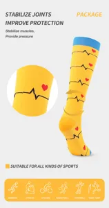 Detailed view of yellow compression socks with heart ECG pattern, showing elastic fabric.
