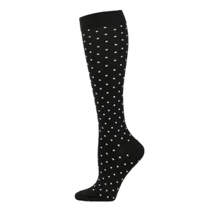 Schwarze Kompressionsstrümpfe mit elegantem weißem Kleeblattmuster für Sport und Freizeit.