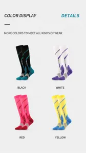 Compression sports socks detail view showcasing black, white, red, and yellow color options.