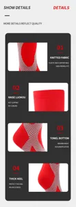 Compression socks detail view showing knitted fabric, towel bottom and thick heel design.