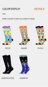 Colorful patterned compression sports socks designed for daily comfort and athletic wear.