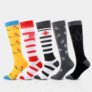 Unisex Compression Socks Medical Nursing Athletic Long Tube Stockings ECG Pattern High Elastic Sports Socks For Running Fitness