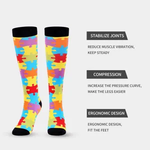 Colorful puzzle pattern compression socks for sports and recovery, offering joint support.
