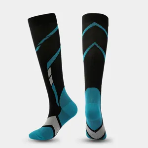 Athletic compression socks for running outdoor sports black and blue long leg support