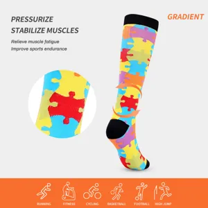 Compression sports socks with colorful puzzle pattern, muscle support and fatigue relief.