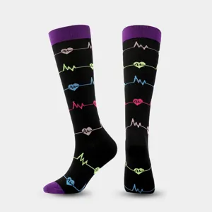 Women compression socks athletic long knee high running socks with heart EKG design black