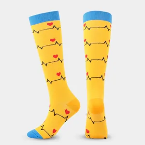 Colorful compression knee high socks with EKG heartbeat and cute heart pattern for daily wear.