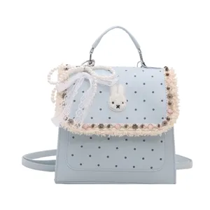 Sweet cute polka dot backpack with lace and bunny patch for women fashion casual daily use.