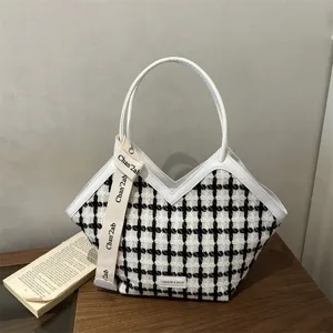 Grote Capaciteit Woon-Werkverkeer Tote Bag Mode Hahnentritt Tweed Handtas Voor Vrouwen Casual Schoudertas Met Lint Decor
