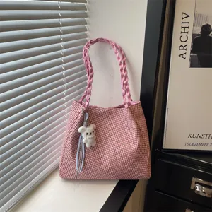 Women Fashion Woven Tote Bag Large Capacity Casual Shoulder Bag Daily Commuting All Match Handbag Fabric Top Handle Bag