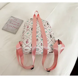 Cute cartoon print student backpack with pink straps, large capacity casual daily school bag.