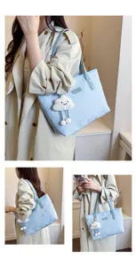Japanese style light blue star pattern tote bag with cute cloud pendant for women work daily.