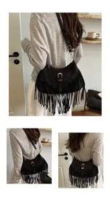 Stylish black suede fringe shoulder bag for women, perfect for daily commuting and fashion wear.