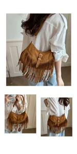 Women suede fringe shoulder bag chic underarm crossbody handbag casual stylish brown purse