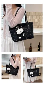 Japanese Star Print Tote Bag Large Capacity Casual Shoulder Bag with Cloud Pendant
